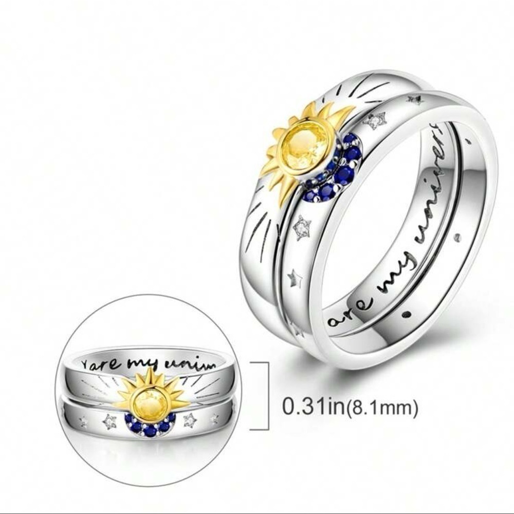 Sterling Silver Sun and CZ Moon 2pc Ring Set Size6 US - Picture 3 of 5